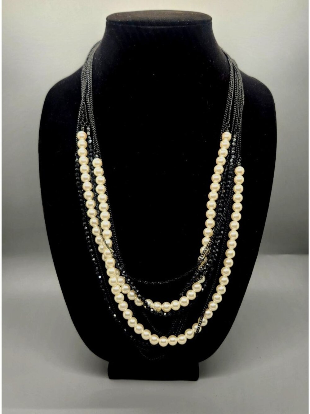 Layered Black Chain And Pearl Beaded Statement Necklace With Adjustable Clasp